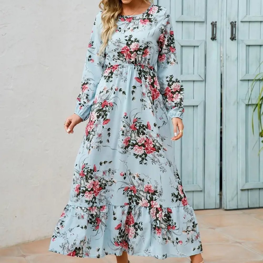 Floral Long Sleeve Maxi Dress, Long Sleeve Loose Crew Neck Dress